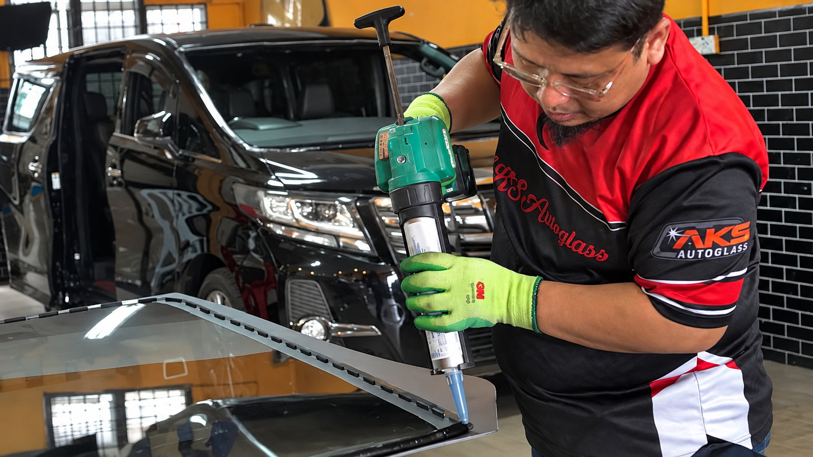 Teknisi AKS memasang cermin kereta